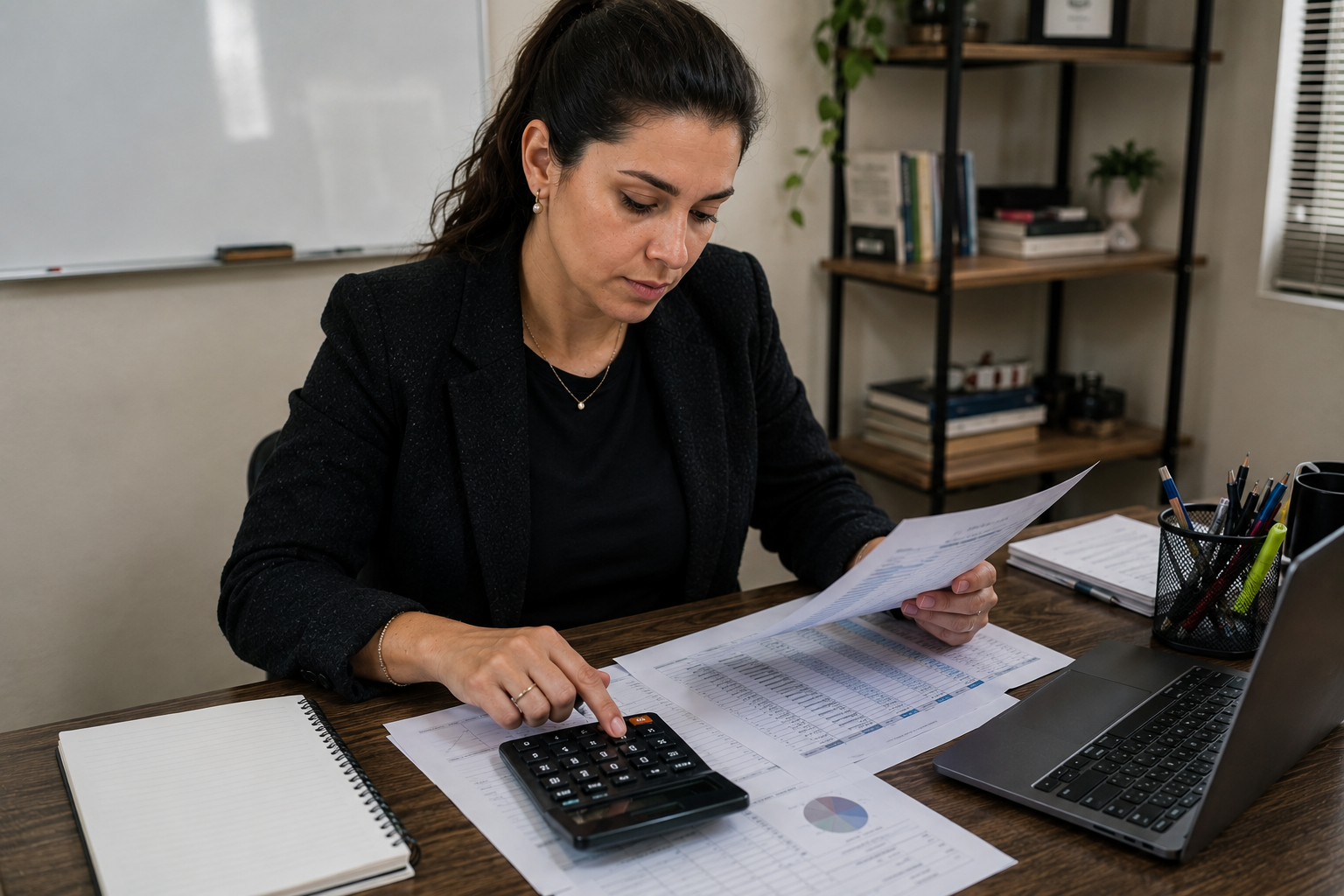 Empresária analisando relatório financeiro da sua pequena empresa com planilhas e calculadora.